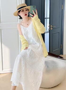 蕾丝气质V领显瘦吊带裙大码女装200斤胖mm甜美仙气纯色减龄连衣裙