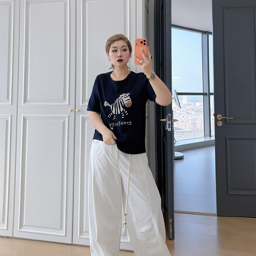 大码女装胖mm刺绣短袖针织衫