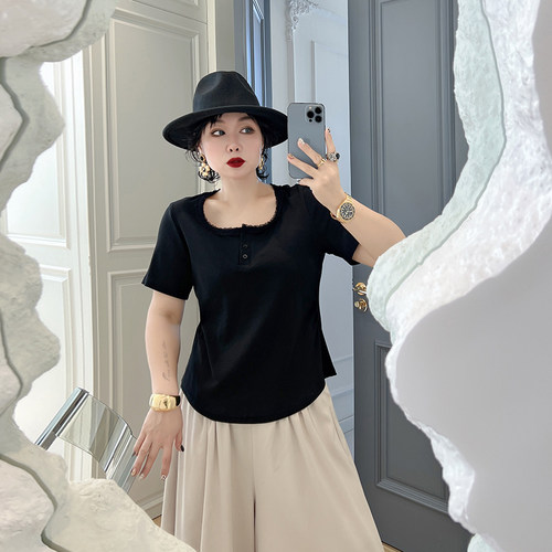 大码女装胖mm花边正肩短袖t恤