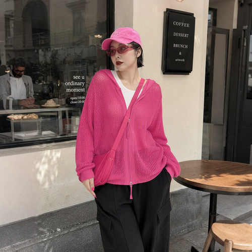大码女装胖mm帽镂空针织开衫