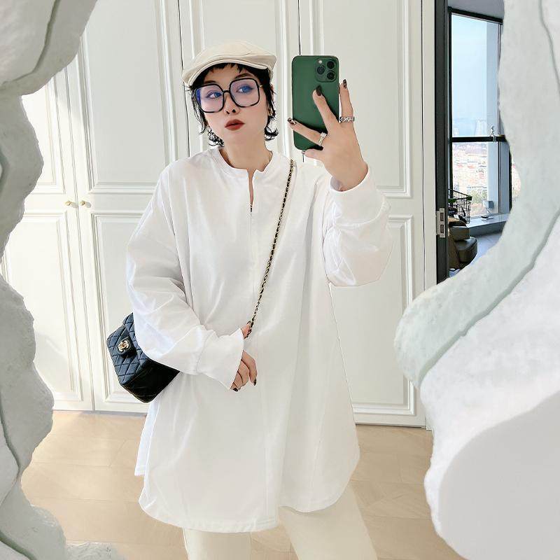 韩版松弛感慵懒百搭大码女装200斤胖mm纯色老钱风拉链宽松中长t恤
