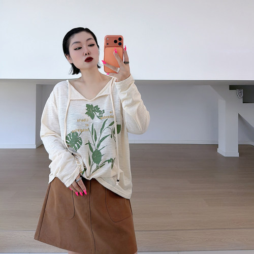 大码女装胖mm慵懒系带长袖t恤