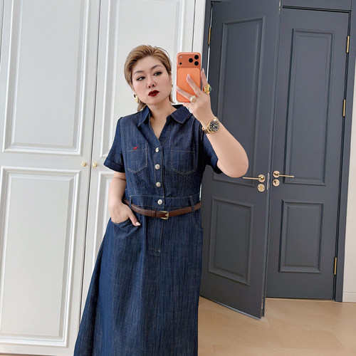 大码女装胖mm收腰短袖连衣裙