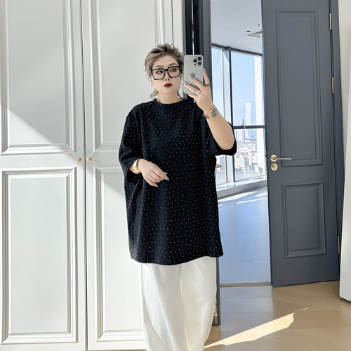 大码女装胖mm烫钻短袖宽松上衣