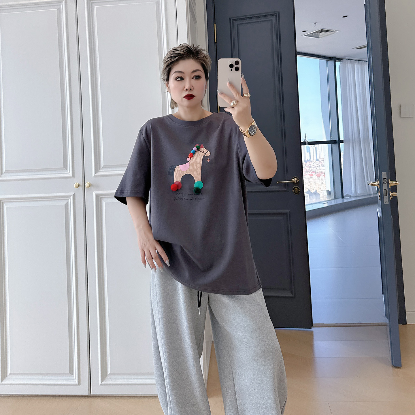 大码女装胖mm小马彩球短袖t恤图片