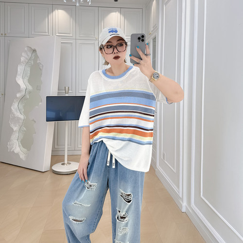 大码女装胖mm撞色针织短袖t恤