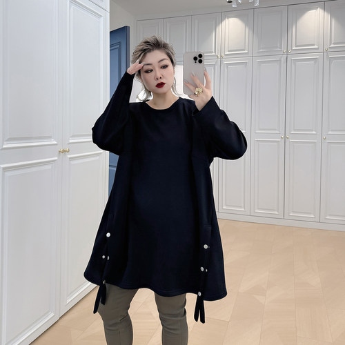 大码女装胖mm显瘦慵懒风中长卫衣