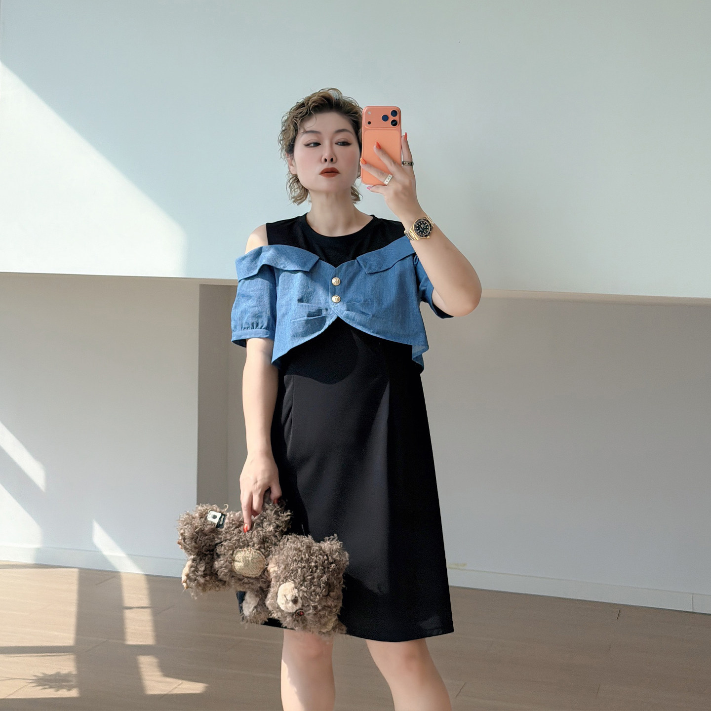 假两件牛仔拼接露肩大码女装黑色连衣裙200斤胖mm设计感好看长裙