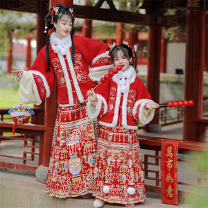 新款汉服女装拜年服明制喜庆亲子装中国风冬季加绒加厚日常母女款