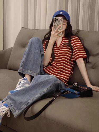 polo条纹针织短袖t恤女夏季时尚