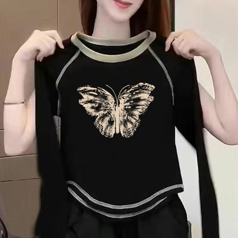 蝴蝶印花修身打底衫黑色德绒短款长袖t恤上衣ins女生2025秋冬新款