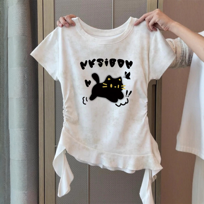 白色扎染短袖t恤女夏季卡通猫咪