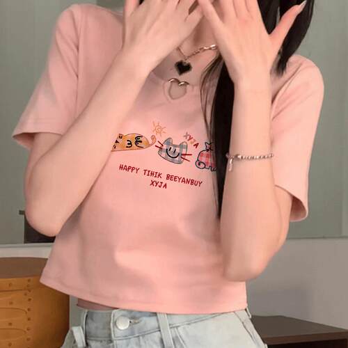 甜辣妹粉色短款t恤女春夏短袖