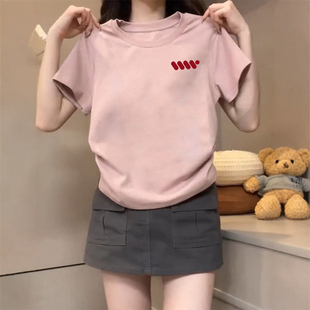 韩系粉色甜美减龄印花短袖 收腰褶皱正肩纯棉上衣服 t恤女夏季 修身