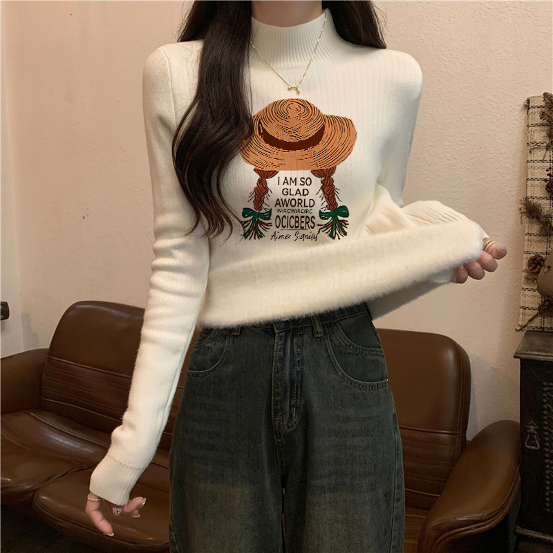 软糯卡通印花半高领内搭针织打底衫女冬季一体绒加厚保暖叠穿上衣,女装/女士精品,毛针织衫,淘宝优惠券,粉丝福利购,淘宝优惠卷