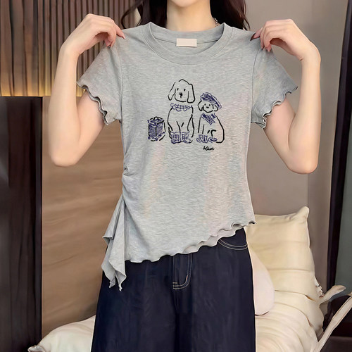 甜辣妹不规则木耳边正肩短袖t恤
