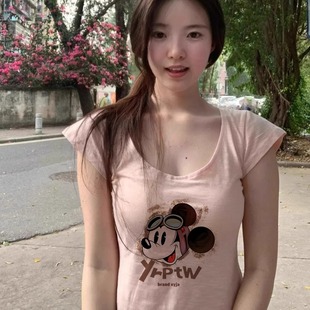 正肩甜妹减龄卡通印花短款 纯欲U领粉色竹节棉t恤女夏2025新款 上衣