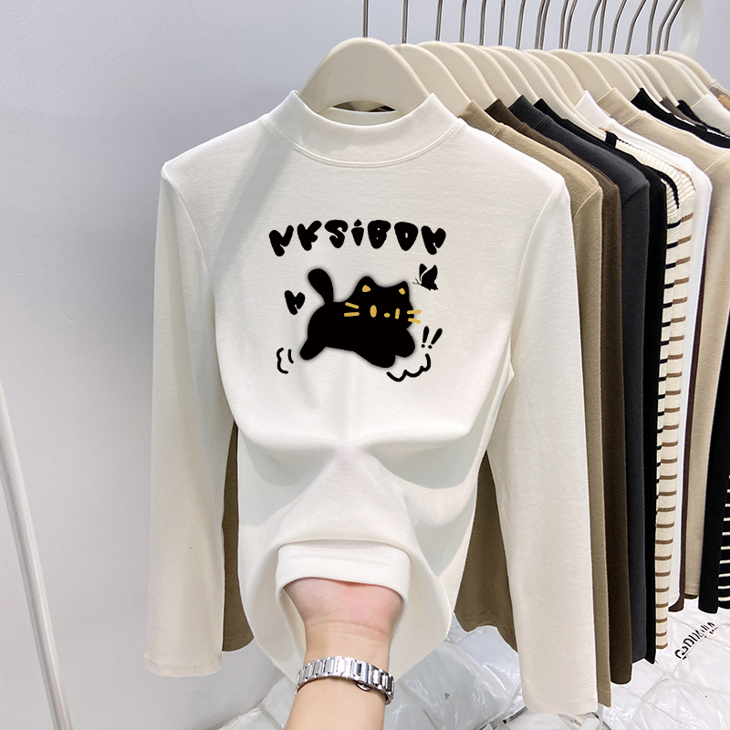 德绒半高领猫咪印花长袖T恤女
