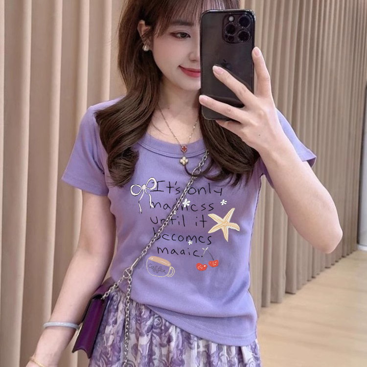 韩系chic别致字母印花短袖t恤女
