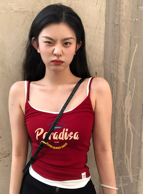 假两件红色吊带背心女夏季美式复古字母印花辣妹短款拼接无袖上衣