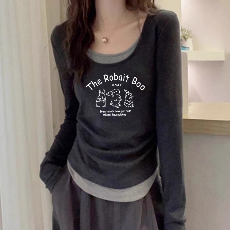 长袖T恤女秋季撞色假两件甜辣妹