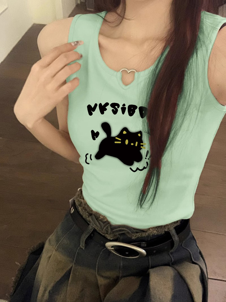 小猫印花镂空设计无袖背心女夏季图片
