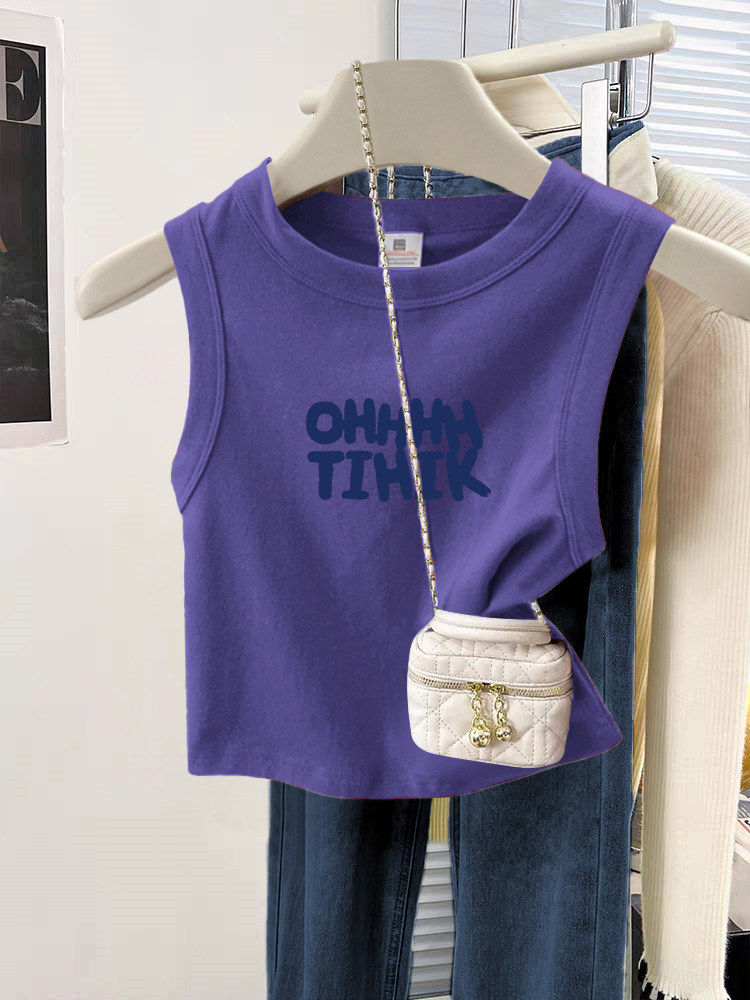 夏季紫色吊带小上衣ins美式高街字母印花纯棉修身短款背心t恤女生