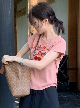 短袖t恤女夏季修身樱桃印花韩版