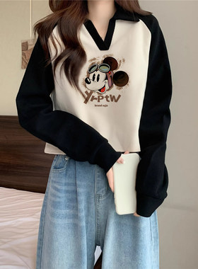 黑色polo领短款撞色卫衣女生秋冬