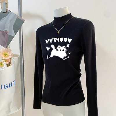 黑色半高领针织打底衫女秋冬气质