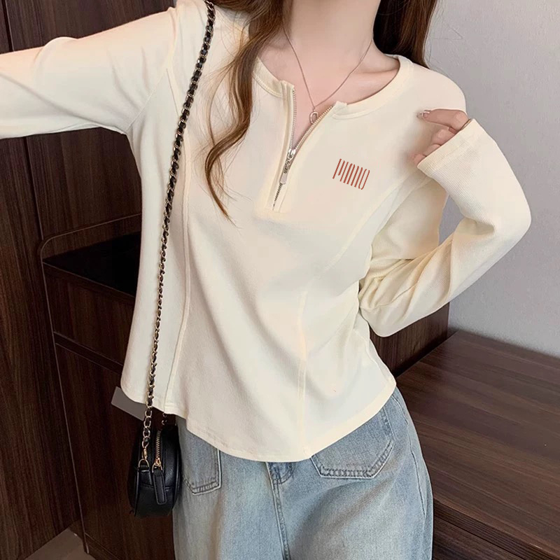 超好看的半拉链正肩长袖t恤女秋季韩系穿搭chic独特别致漂亮上衣