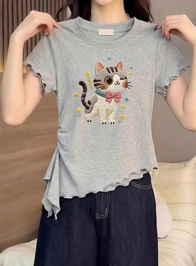 小众不规则木耳边飘带短袖T恤女