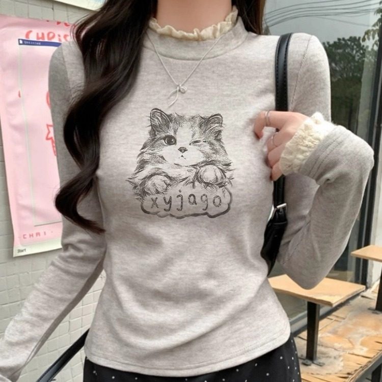 超好看卡通猫咪印花长袖打底衫女