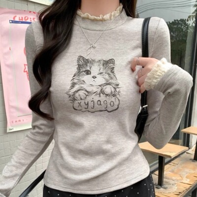超好看卡通猫咪印花长袖打底衫女