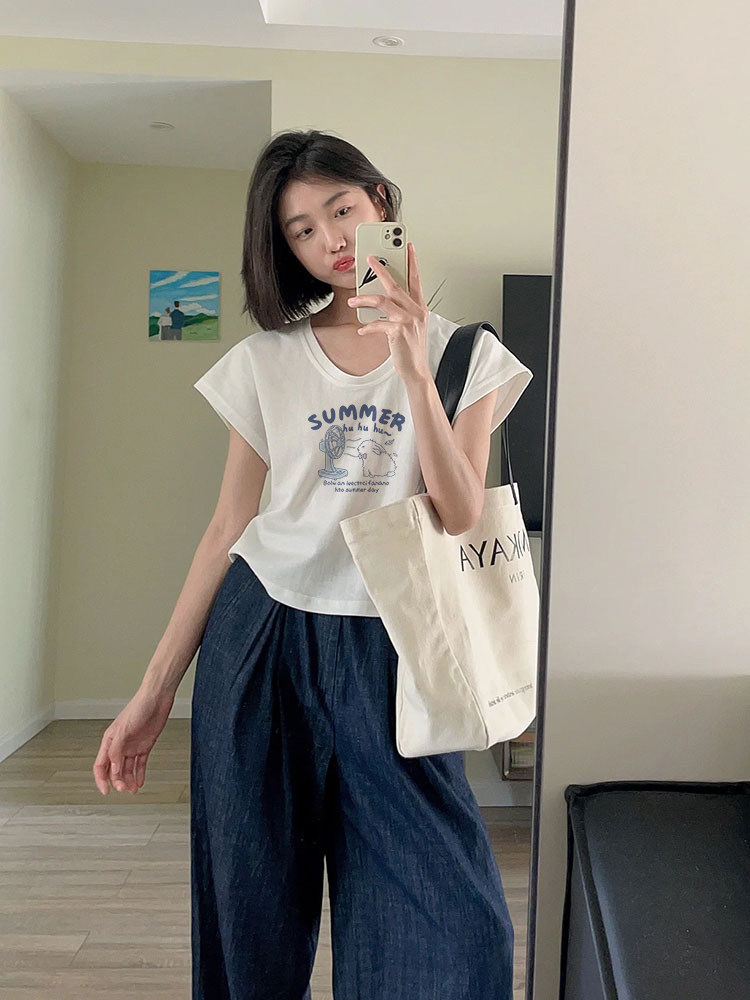 u领修身显瘦短袖t恤女生夏季超火白色小飞袖重磅纯棉正肩短款上衣