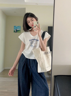 u领修身显瘦短袖t恤女生夏季超火白色小飞袖重磅纯棉正肩短款上衣