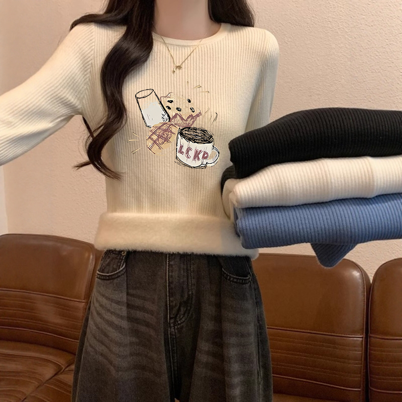 秋冬2025新款圆领修身紧身长袖打底针织衫上衣加绒加厚内搭T恤女