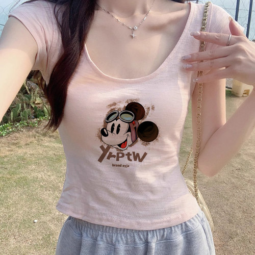 纯欲减龄印花粉色竹节棉U领短袖