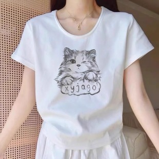 t恤女夏季 小众超好看卡通猫咪印花白色正肩短袖 宽松休闲百搭上衣