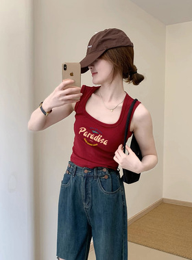 辣妹性感红色工字背心吊带女夏季美式复古字母印花修身无袖短上衣