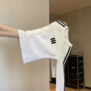 短款 小众三条杠T恤女秋季 长袖 ins高街独特别致美式 潮牌上衣打底衫