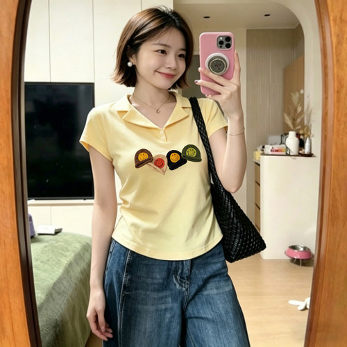 卡通印花正肩polo领短袖t恤女