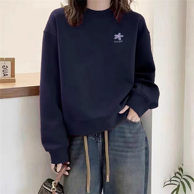 藏青色短款正肩卫衣女秋冬