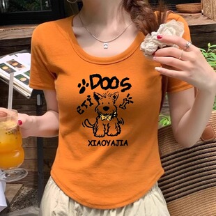 洋气时髦减龄线条小狗印花u领短袖t恤女夏季正肩弧形下摆短款上衣
