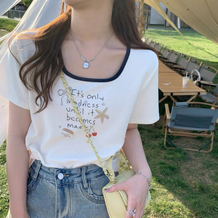 t恤女生正肩夏季 字母印花撞色u领短袖 宽松显瘦韩系独特设计感上衣