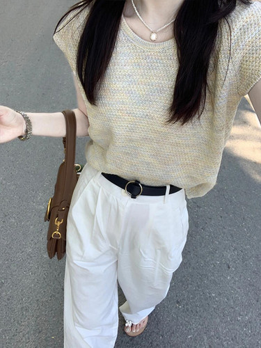 法式坎肩圆领冰丝针织短袖T恤女