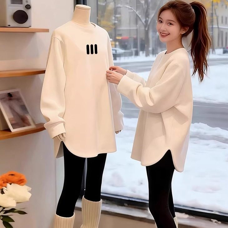 白色中长款遮屁股长袖T恤女秋冬洋气宽松弧形下摆开叉打底衫上衣,女装/女士精品,T恤,淘宝优惠券,粉丝福利购,淘宝优惠卷