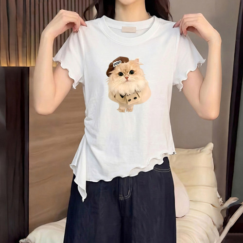 正肩设计感木耳边短袖t恤女夏季