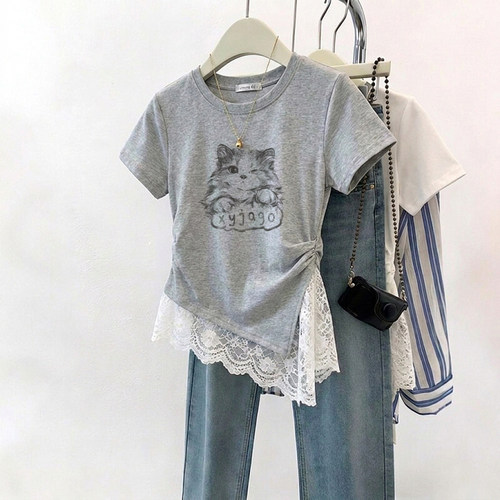 韩版小猫印花蕾丝拼接短袖T恤女