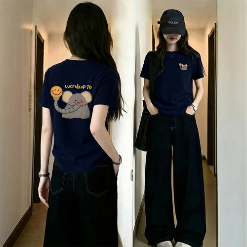 藏青色正肩短袖T恤女夏季小个子